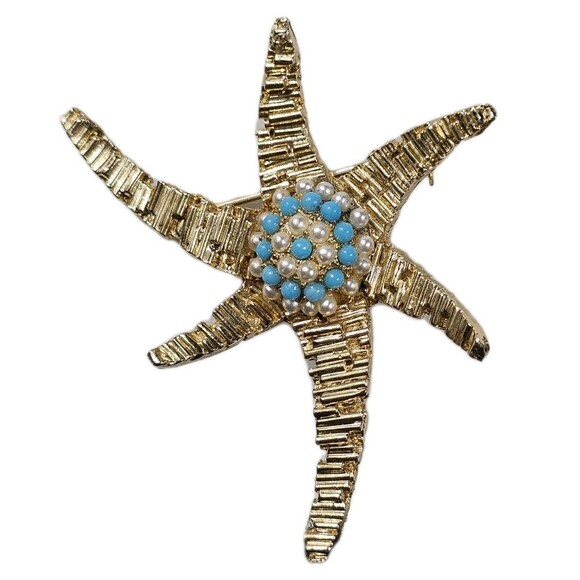 Vintage Starfish Brooch Gold Tone with Faux Turquoise & Pearl Cluster Jewelry - Picture 4 of 5